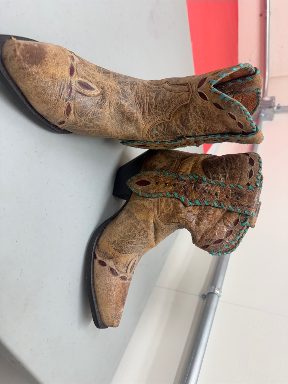 Dan Post Women's Brown Leather Western Ankle Boots with Teal Trim